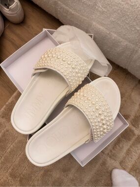 Jimmy Choo Ivory Pearl Embellished Flat Slide Sandals EU 38